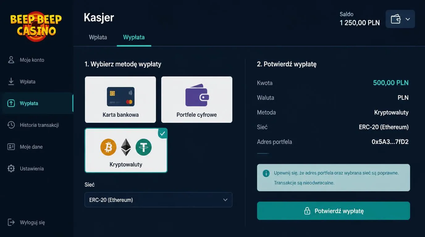 Ekran kasjera z kartą, portfelami elektronicznymi i kryptowalutami oraz podglądem wypłaty w PLN