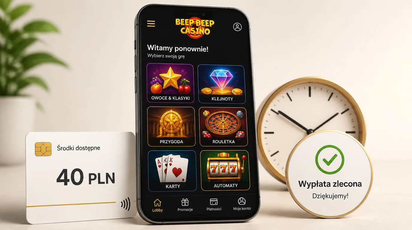 Telefon z ekranem gier kasynowych, karta z kwotą 40 PLN i zegar symbolizujący czas wypłaty