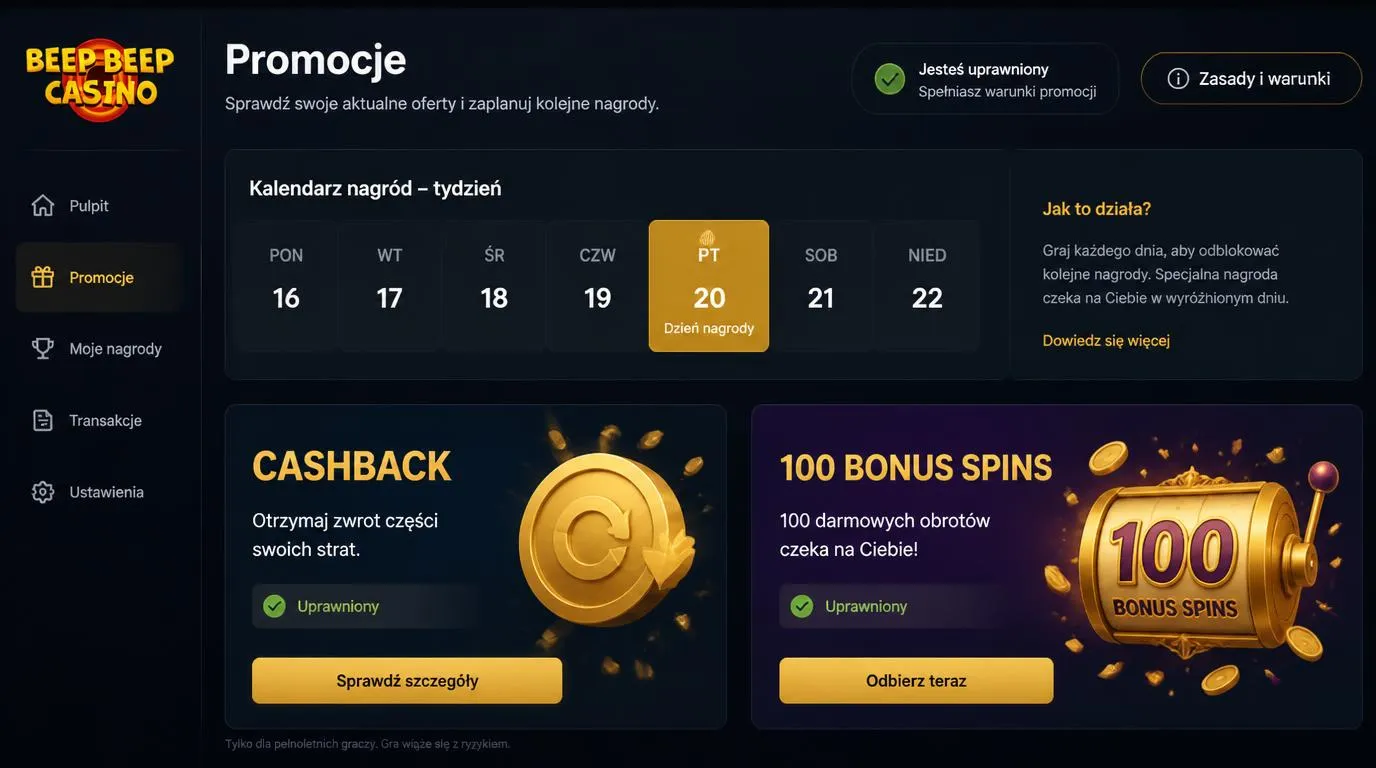 Ekran promocji kasyna z kalendarzem nagród, cashbackiem i bonusowymi spinami